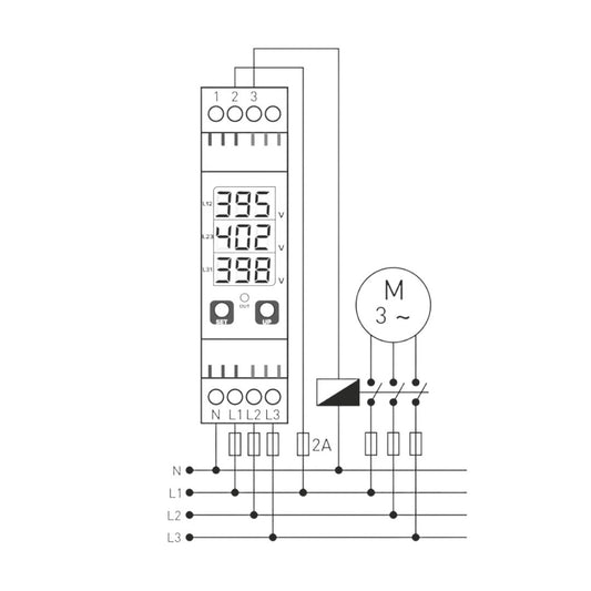 Three-phase monitoring/protection relay for overvoltage, undervoltage, asymmetry sequence control