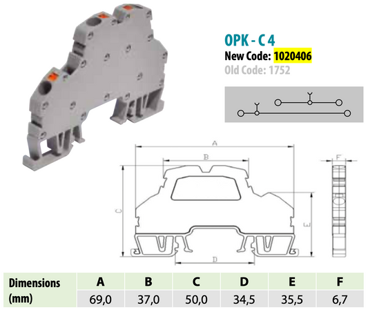 ONKA 4mm2, 2-level spring connector terminal block DIN rail 4-wire gray, 1020406