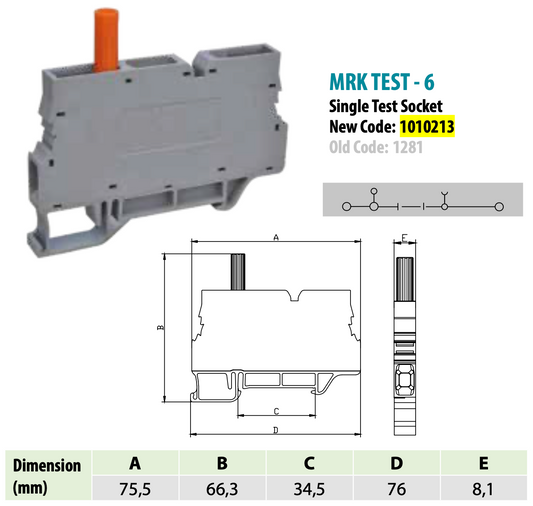 ONKA 6mm2 Screw terminal block with test terminal on DIN rail, 2-wire gray, 1010213
