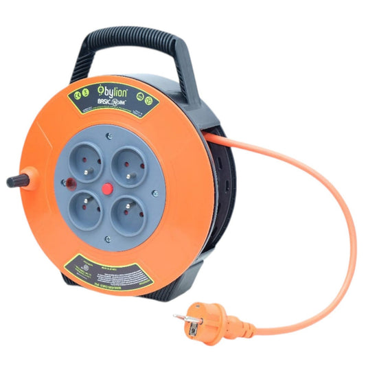 Compact retractable cable reel / drum for cables, 10 m cable with 4 IP20 sockets + thermal fuse