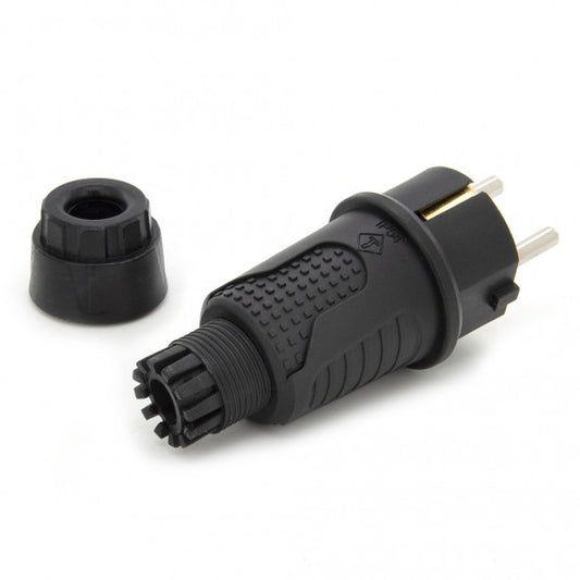 Black rubber plug IP54, 250v 16a for cable, Uni-Schuko (double grounding), 2P+T, REF, Bylion
