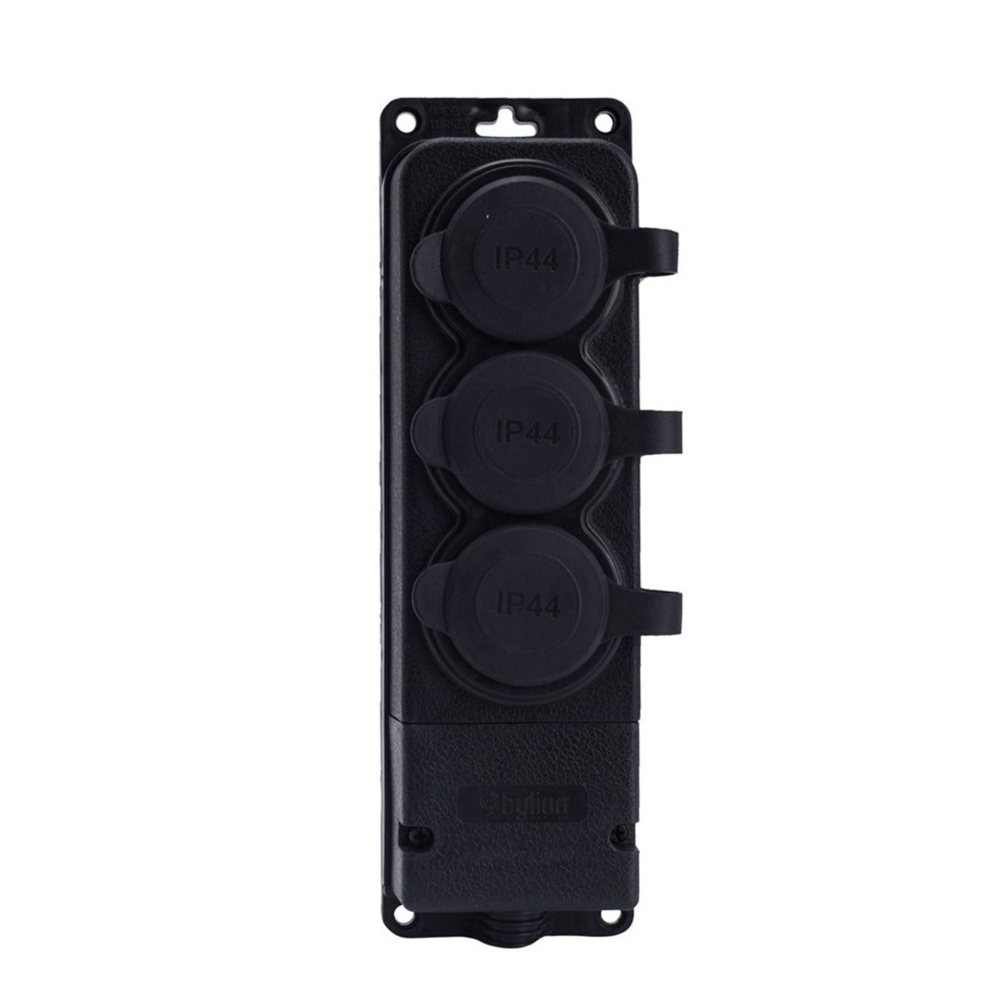 Triple "rubber" socket black with hermetic cover IP44 250V, 16A, SCHUKO 2P+Z, 3KMP-F, Bylion