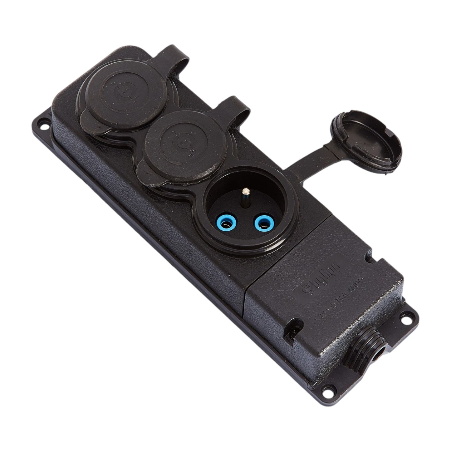 Socket 3x, French type E, triple socket "in rubber" black with hermetic cover IP44 250V, 16A, 2P+Z, 3KMP-E, Bylion