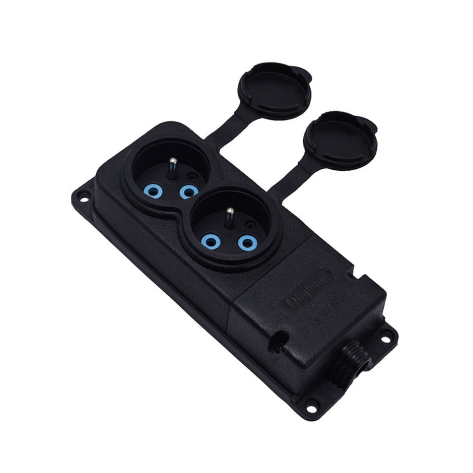 Double black rubber watertight socket mounted on surface 250V, 16A, IP44, French type E 2P+Z, 2KMP-E, Bylion