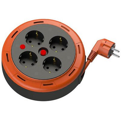Compact reel extension cable, 5 m cable with 4 IP20 sockets + thermal fuse + child fuse, 3x1mm2, SCHUKO type grounding, PHE-05310-F