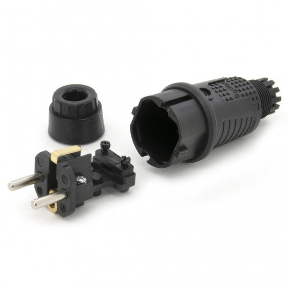 Black rubber plug IP54, 250v 16a for cable, Uni-Schuko (double grounding), 2P+T, REF, Bylion