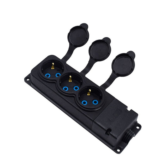 Triple "rubber" socket black with hermetic cover IP44 250V, 16A, SCHUKO 2P+Z, 3KMP-F, Bylion