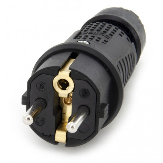 Black rubber plug IP54, 250v 16a for cable, Uni-Schuko (double grounding), 2P+T, REF, Bylion