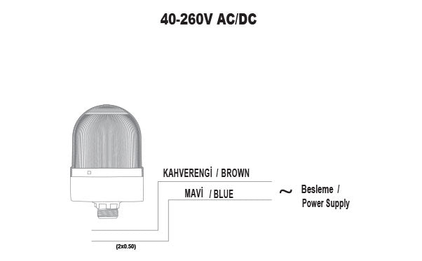 Lampeggiante ø70 DADO.CONN.SEGNALE DI RAGGIUNGIMENTO CON BENZINA, 40-250V AC/DC., BLU CON TUBO ESTERNO 20CM