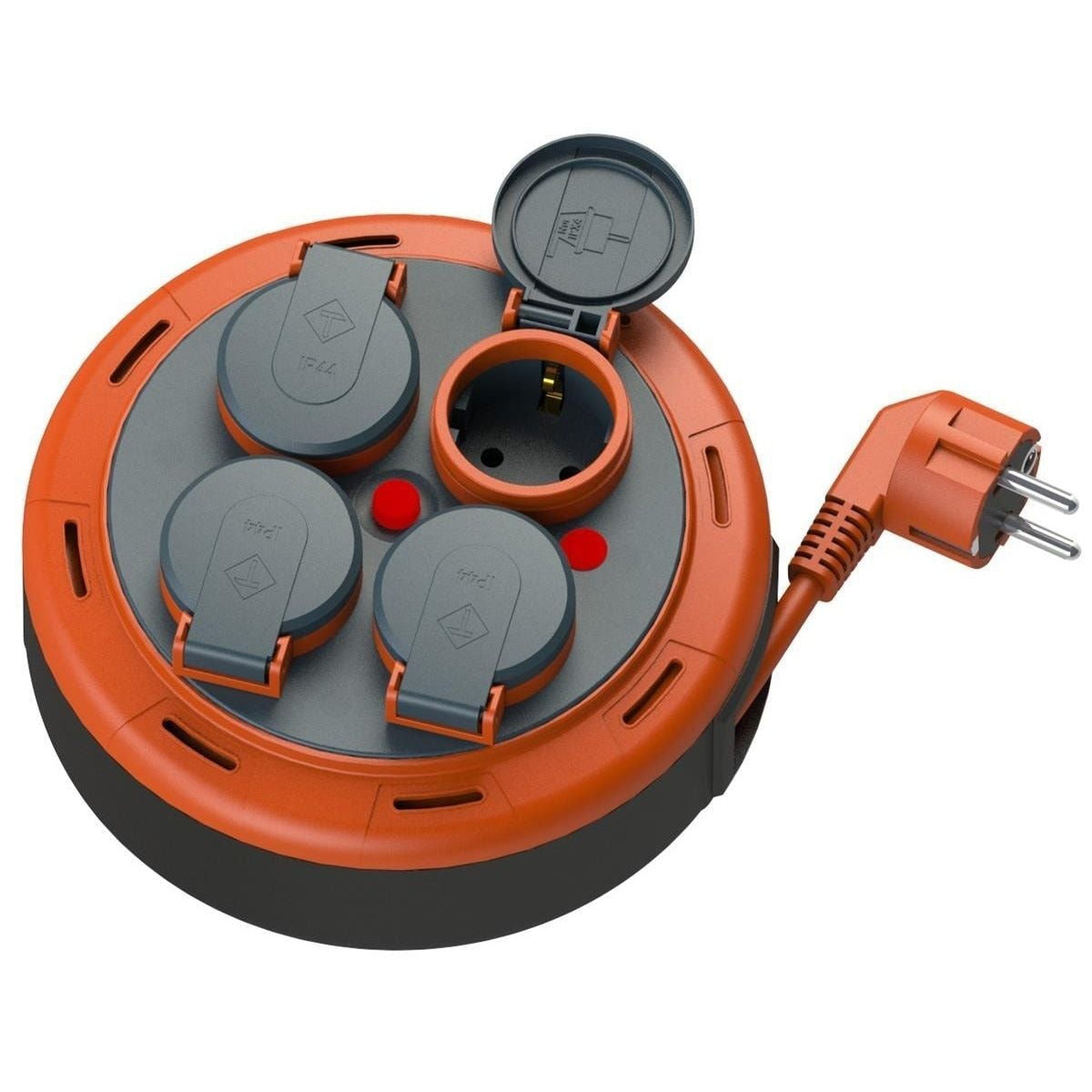 IP44 Extension cable on reels for compact boxes, 5 m cable with 4 sockets + thermal/child fuse, 3x1mm2, SCHUKO type grounding, PHP-05310-F