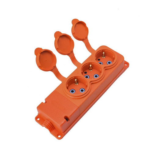 Triple "rubber" socket orange with hermetic cover IP44 250V, 16A, SCHUKO 2P+Z, 3KMP-F-O, Bylion