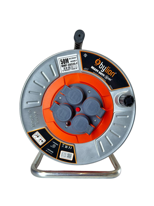 Professional metal winder with 3x2.5 mm2 copper cable, IP44 with overload protection, 16 A Schuko type current with 4 sockets, length 50M, cable color: orange