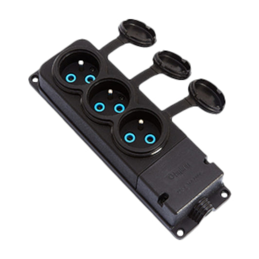 Socket 3x, French type E, triple socket "in rubber" black with hermetic cover IP44 250V, 16A, 2P+Z, 3KMP-E, Bylion