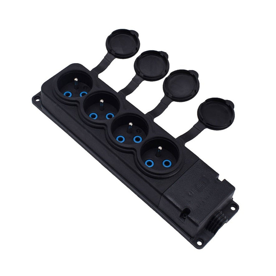 4x black rubber socket with IP44 hermetic cover, 250V, 16A, 2P+Z, French type E, 4KMP-E, Bylion