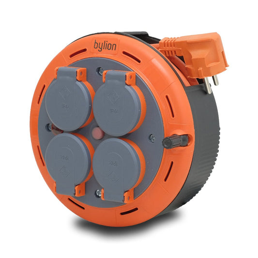 IP44 Extension cable on reels for compact boxes, 5 m cable with 4 sockets + thermal/child fuse, 3x1mm2, SCHUKO type grounding, PHP-05310-F