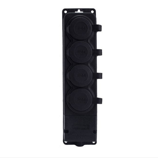 4x black rubber socket with IP44 hermetic cover, 250V, 16A, 2P+Z, French type E, 4KMP-E, Bylion