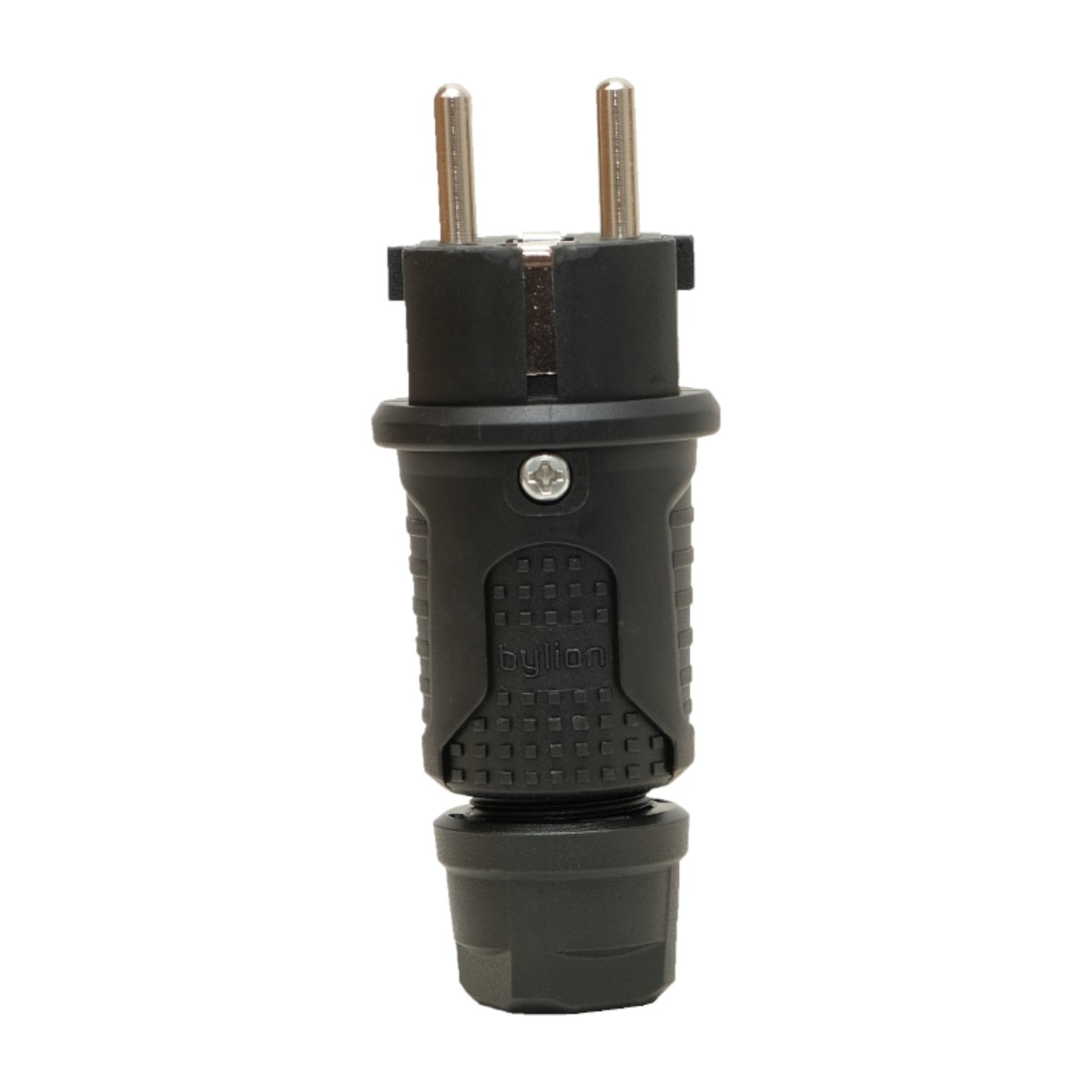 Black rubber plug IP54, 250v 16a for cable, Uni-Schuko (double grounding), 2P+T, REF, Bylion