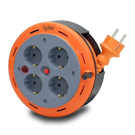 Compact cassette roll-up extension cable, 5m cable with 4 sockets IP20 + thermal fuse + child safety lock, 3x1mm2, French type (pin), PHE-05310-E