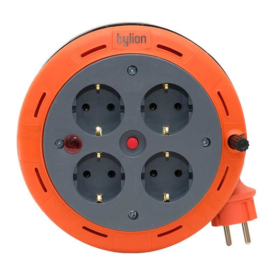 Compact reel extension cable, 5 m cable with 4 IP20 sockets + thermal fuse + child fuse, 3x1mm2, SCHUKO type grounding, PHE-05310-F