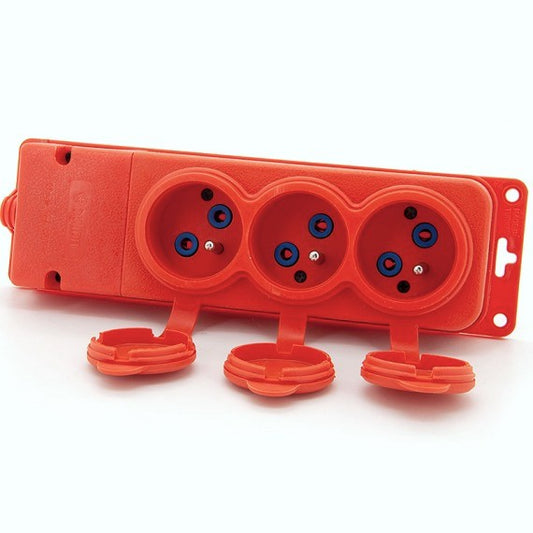 Socket 3x, French type E, triple orange "rubber" socket with IP44 hermetic cover 250V, 16A, 2P+Z, 3KMP-E-O, Bylion